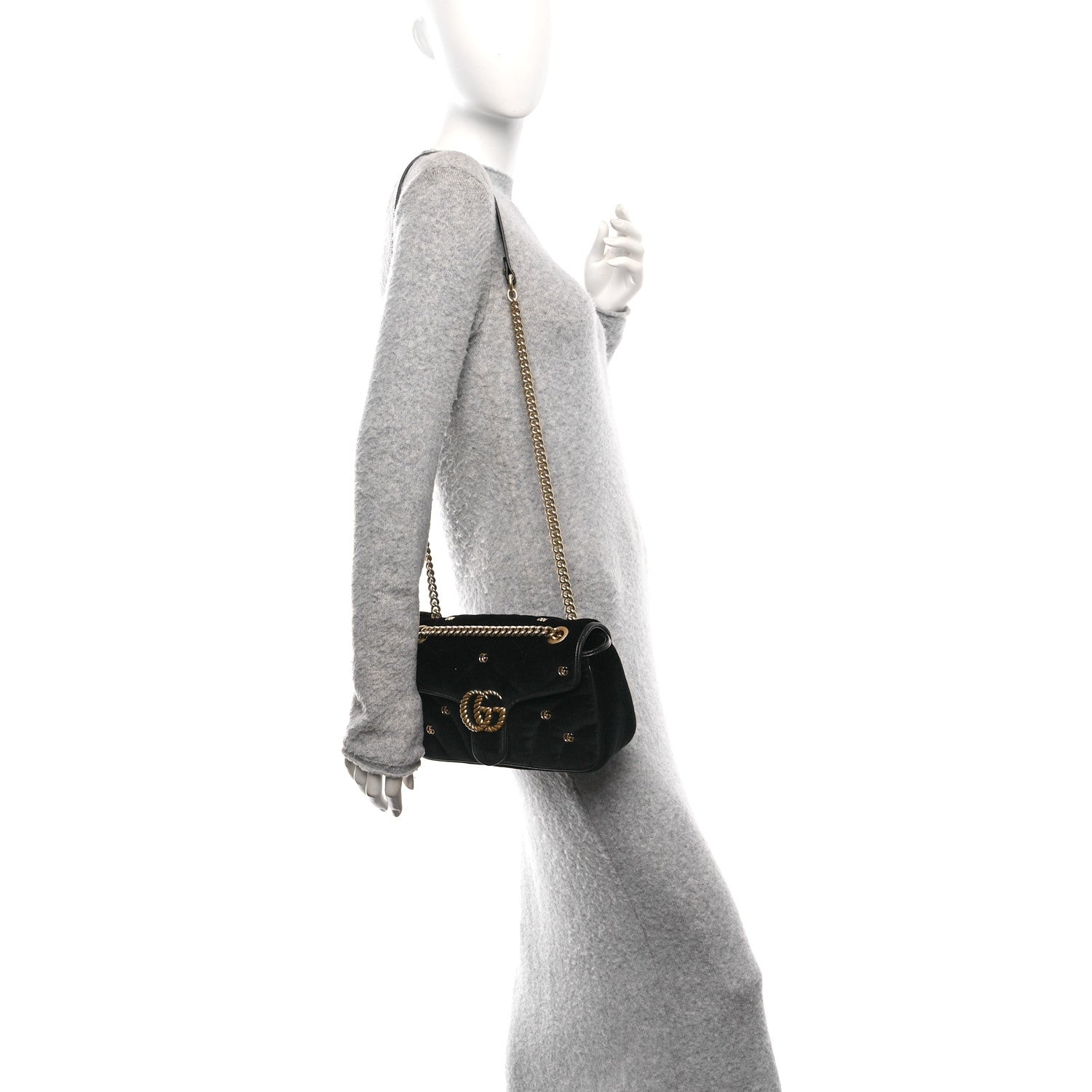 Gucci Velvet Matelasse Double G Studs Small Torchon GG Marmont Shoulder Bag Black 2 of 10