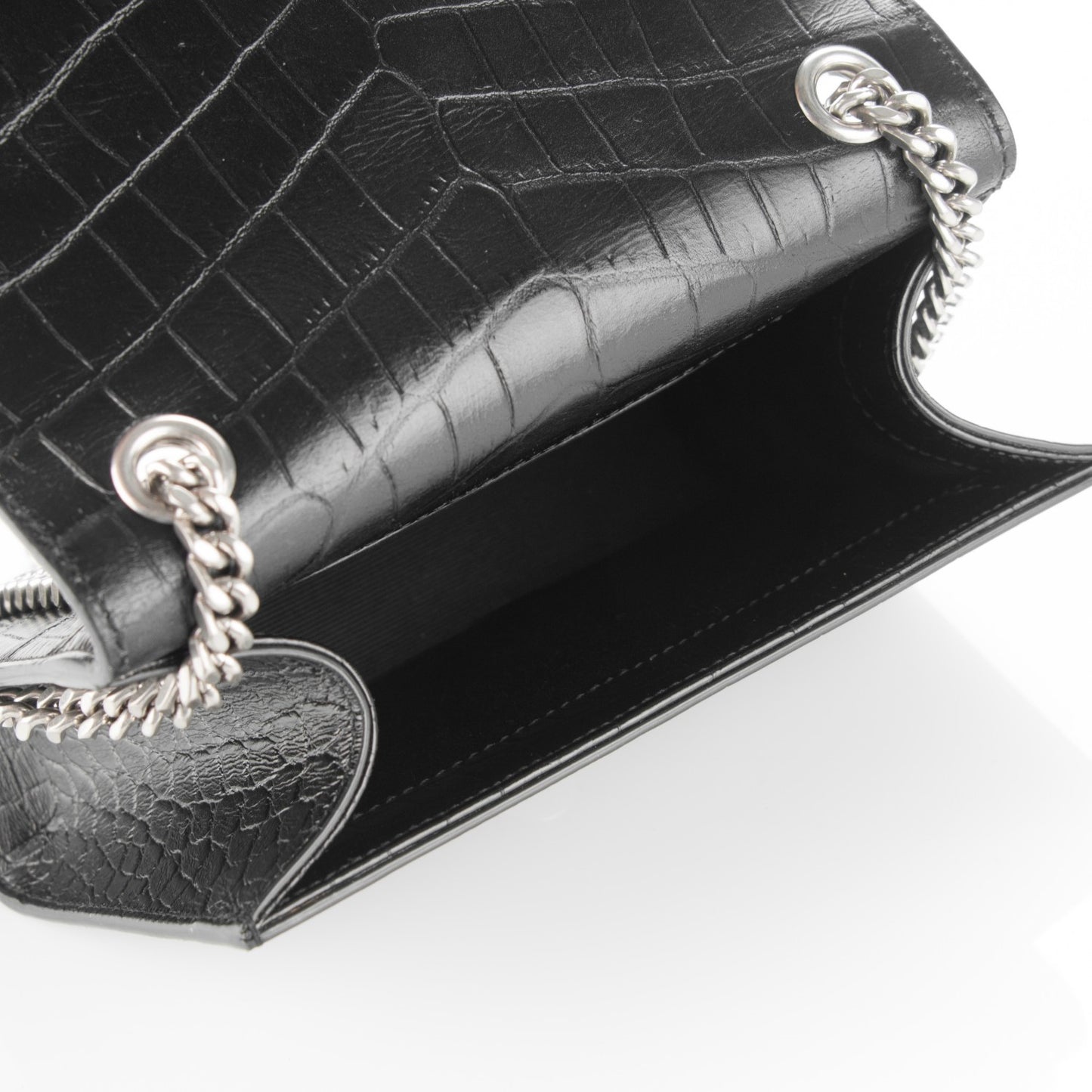 Calfskin Crocodile Embossed Small Classic Monogram Tassel Satchel Black