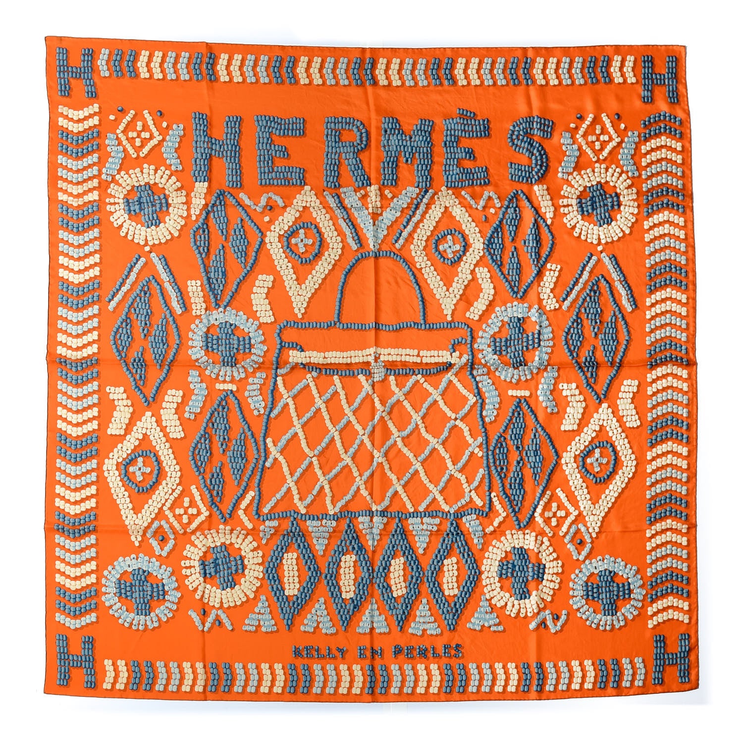Hermes Silk Kelly En Perles Wash Scarf 140 Orange Blue Jean 1 of 5