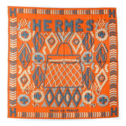 Hermes Silk Kelly En Perles Wash Scarf 140 Orange Blue Jean 1 of 5