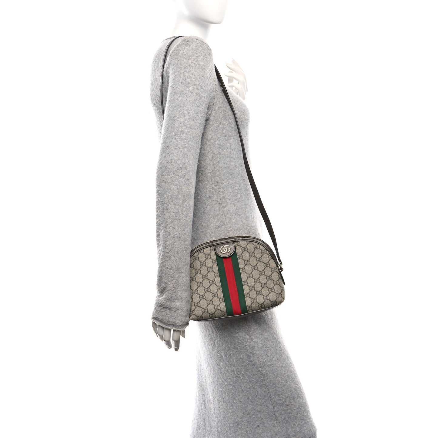 GG Supreme Monogram Textured Dollar Calfskin Web Small Ophidia Dome Shoulder Bag Beige Ebony New Acero