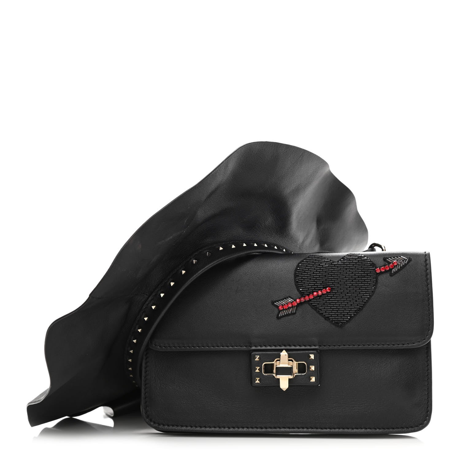 Valentino Garavani Calfskin Crystal Bead Embellished Mini Rockstud Love Story Ruffle Strap Bag Black 1 of 11