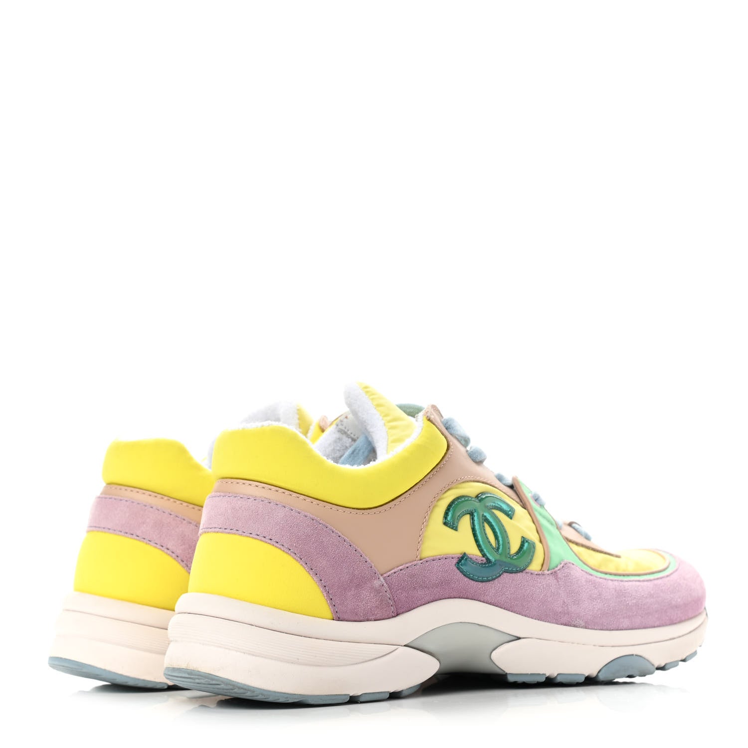 Chanel Nylon Lambskin Calfskin Suede CC Womens Sneakers 40 Pink Yellow Purple 4 of 10