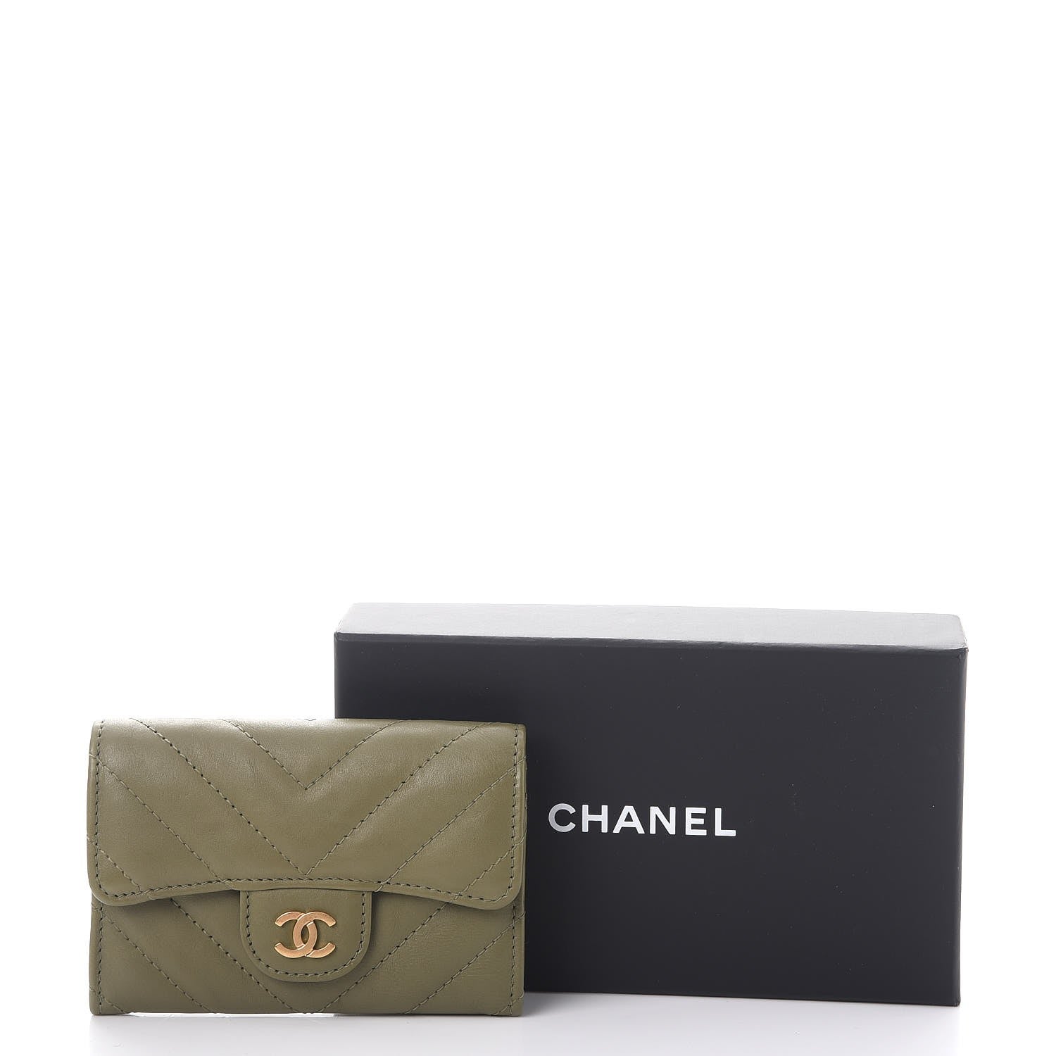 Chanel Calfskin Chevron Quilted Card Holder Khaki 9 of 9