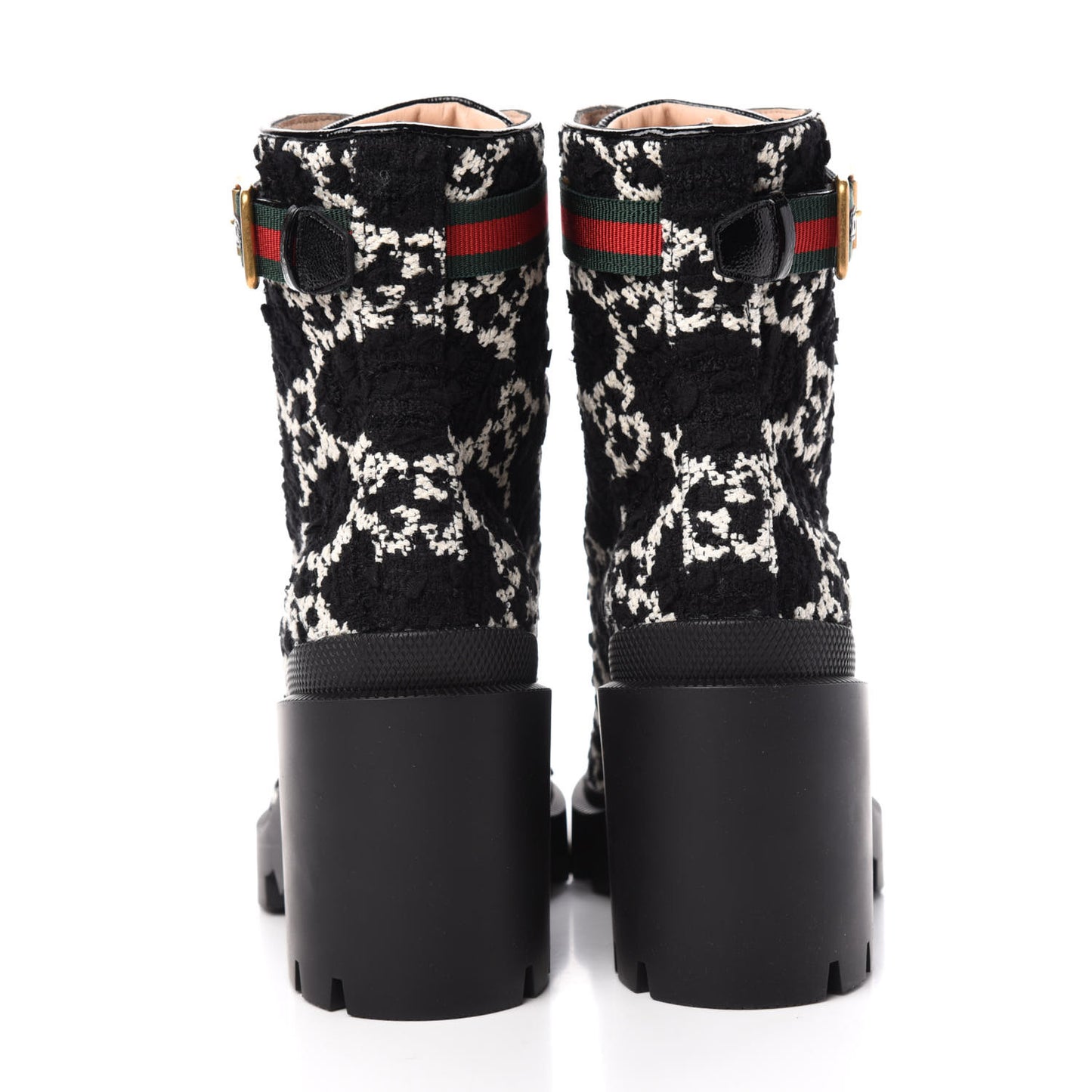 Tweed GG Monogram Lace Up Combat Ankle Boots 35 Black