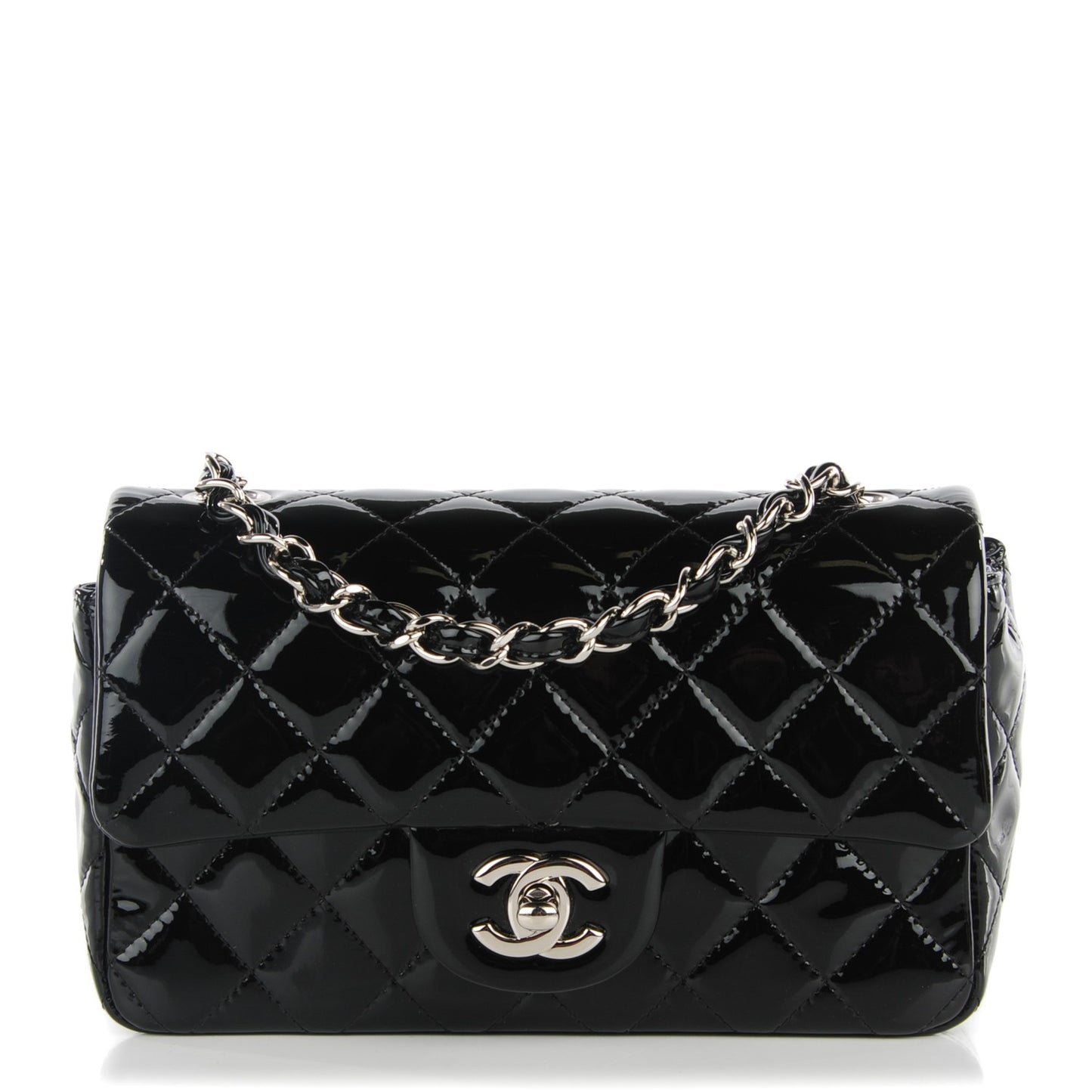 Patent Calfskin Quilted Mini Rectangular Flap Black
