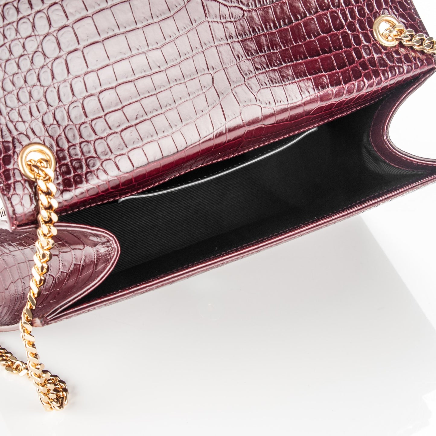 Calfskin Crocodile Embossed Medium Classic Monogram Kate Tassel Satchel Dark Red