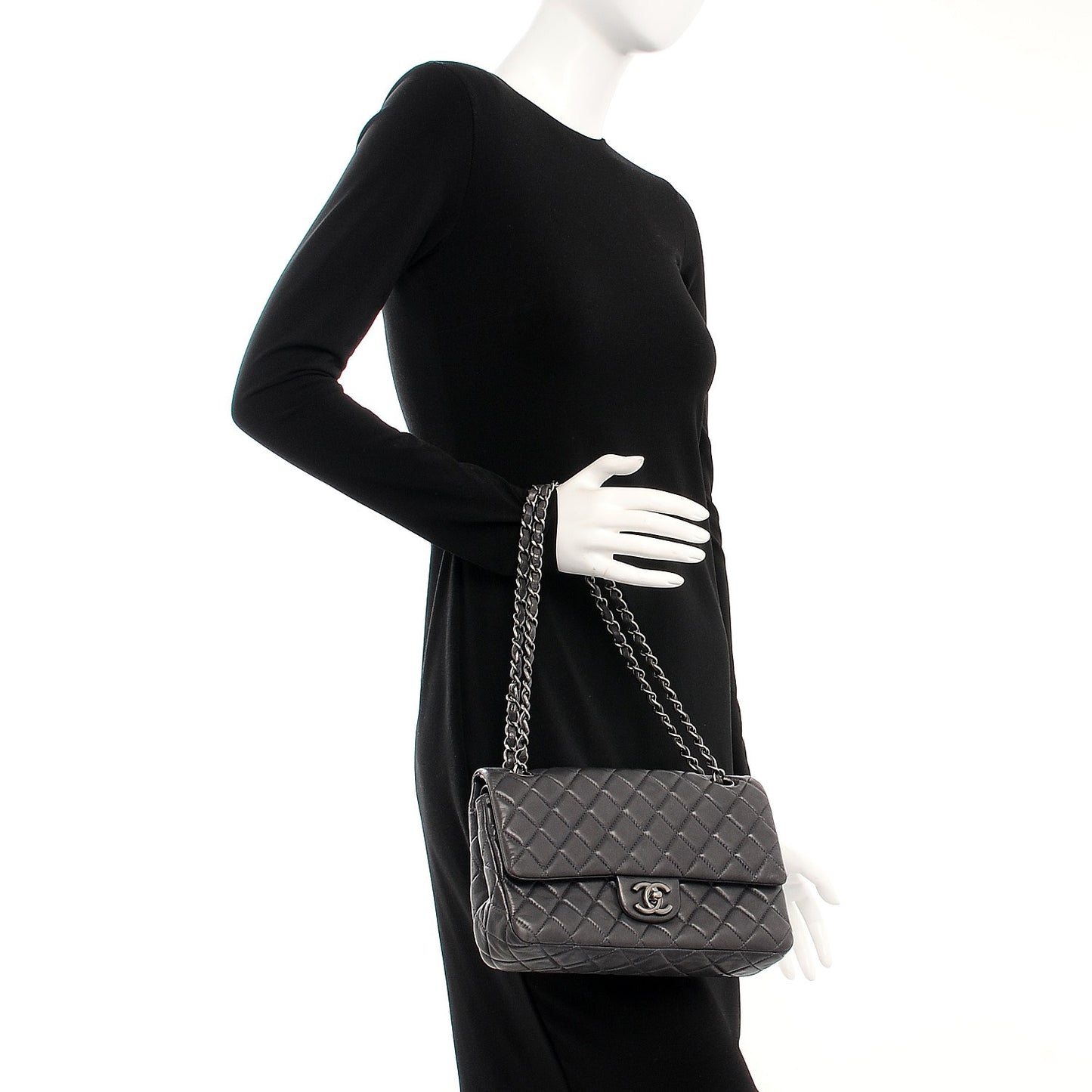 Lambskin Medium Quilted Double Flap Dark Grey
