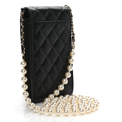 Chanel Lambskin Quilted Pearl Phone Holder With Chain Black 3 of 12