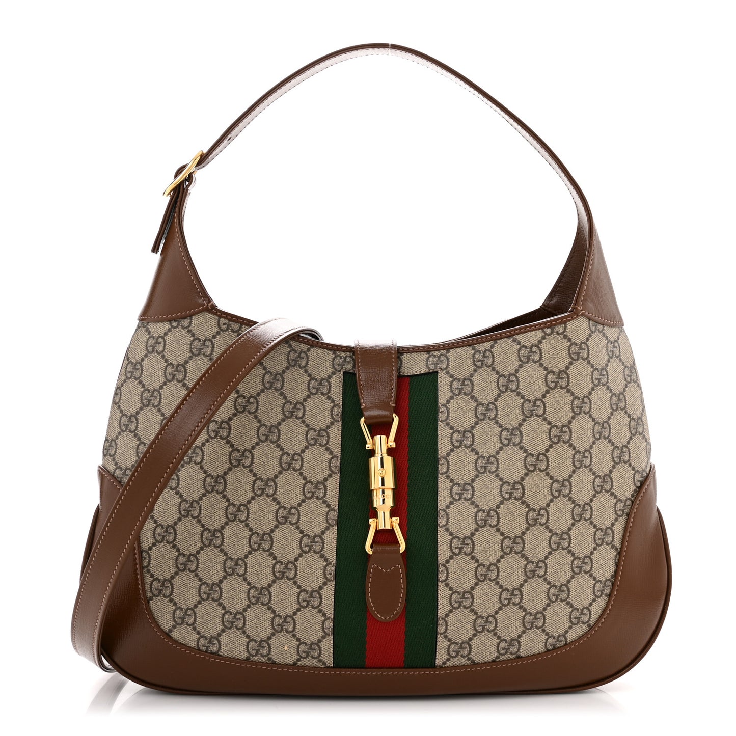 GG Supreme Monogram Azalea Calfskin Web Medium Jackie 1961 Hobo Beige Ebony Brown Sugar
