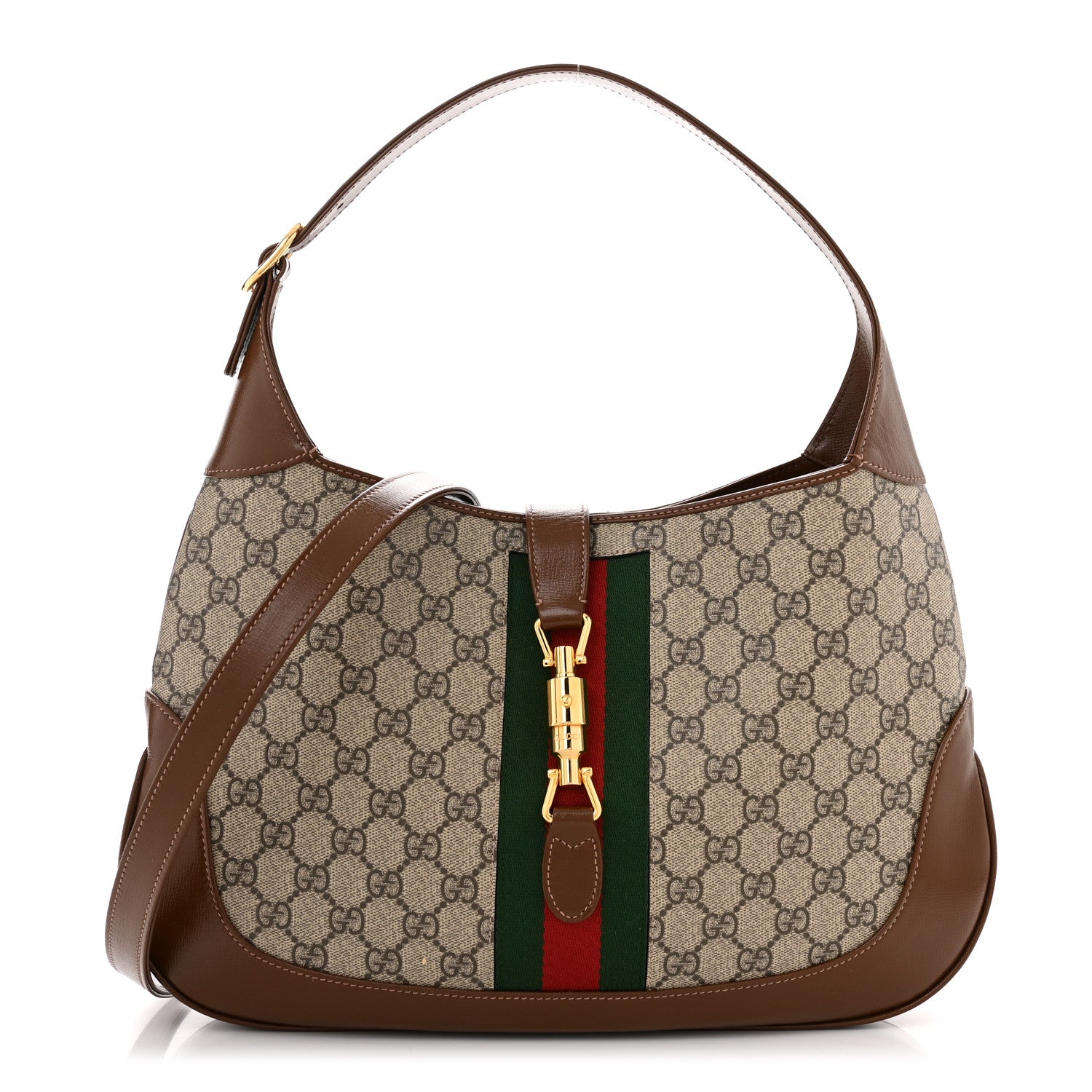 Gucci GG Supreme Monogram Azalea Calfskin Web Medium Jackie 1961 Hobo Beige Ebony Brown Sugar 1 of 10