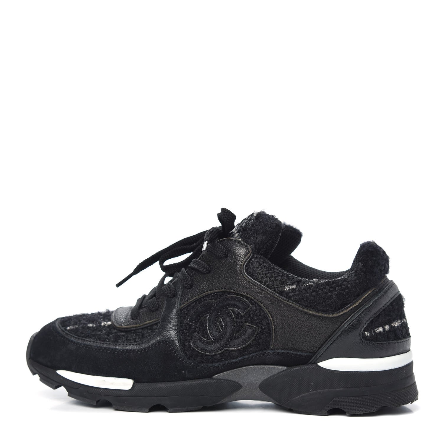 Chanel Tweed Suede Goatskin CC Sneakers 37.5 Black White 1 of 11