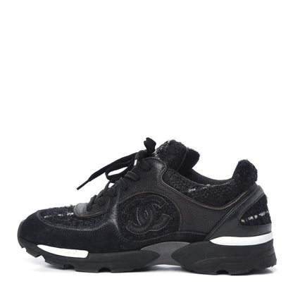 Chanel Tweed Suede Goatskin CC Sneakers 37.5 Black White 1 of 11