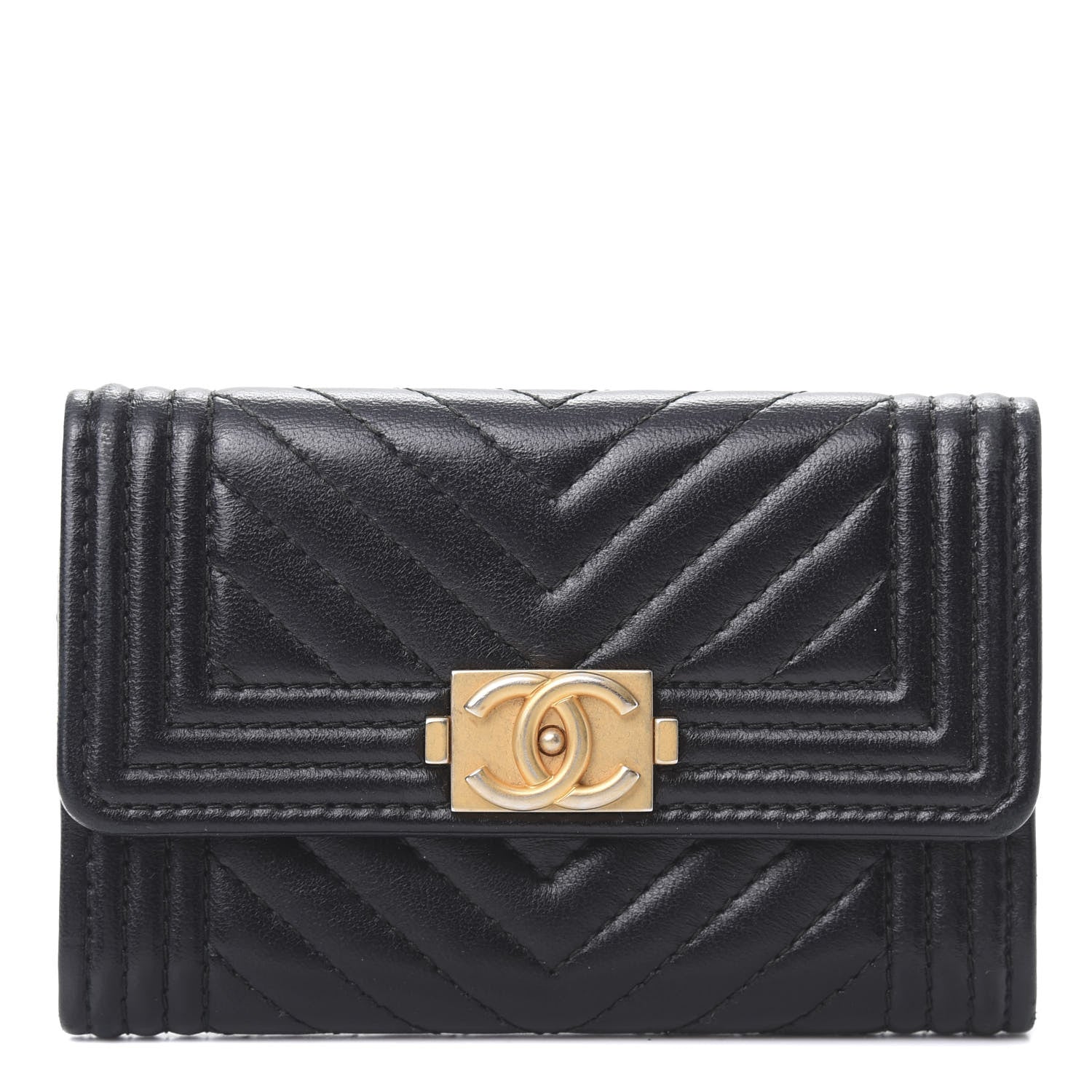 Chanel Lambskin Chevron Quilted Boy Card Holder Wallet Black 1 of 9