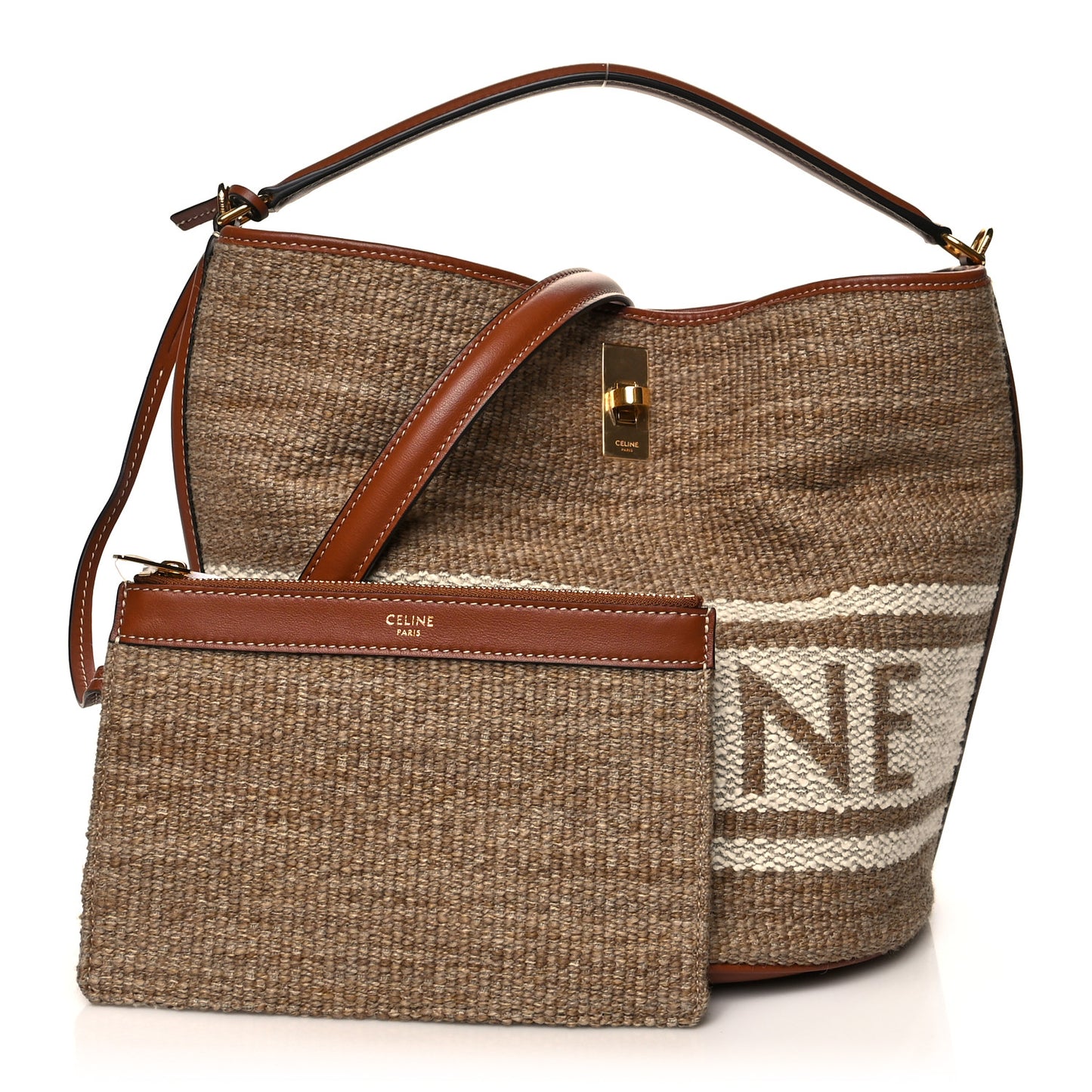 Canvas Smooth Calfskin Logo Bucket 16 Bag Beige Tan