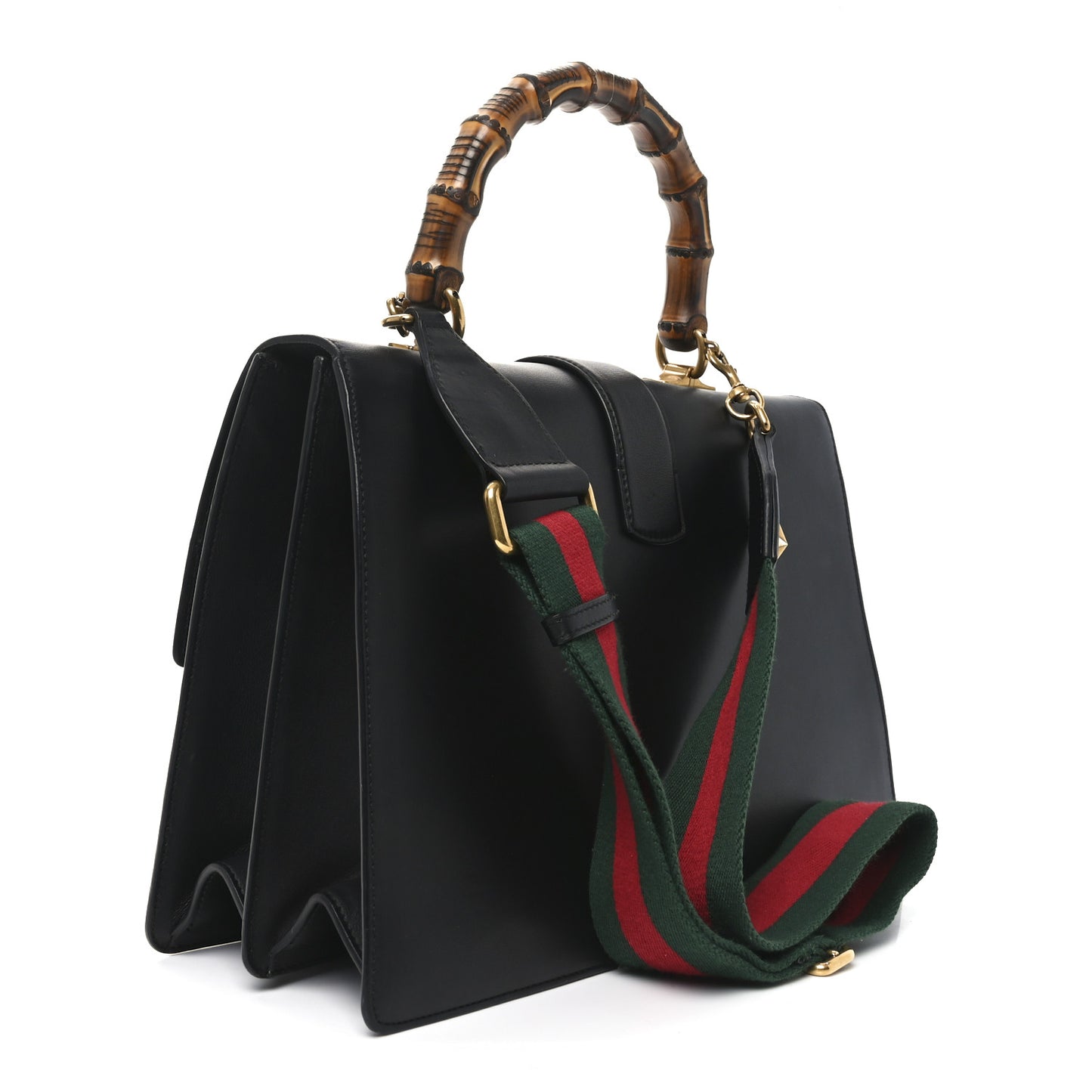 Calfskin Bamboo Web Large Dionysus Top Handle Bag Black Bright Evergreen Hibiscus Red