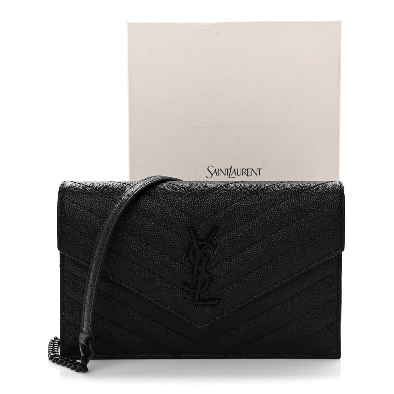 Saint Laurent Grain De Poudre Matelasse Chevron Monogram Monochrome Envelope Chain Wallet Black 13 of 13