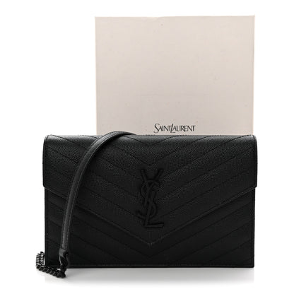 Saint Laurent Grain De Poudre Matelasse Chevron Monogram Monochrome Envelope Chain Wallet Black 13 of 13