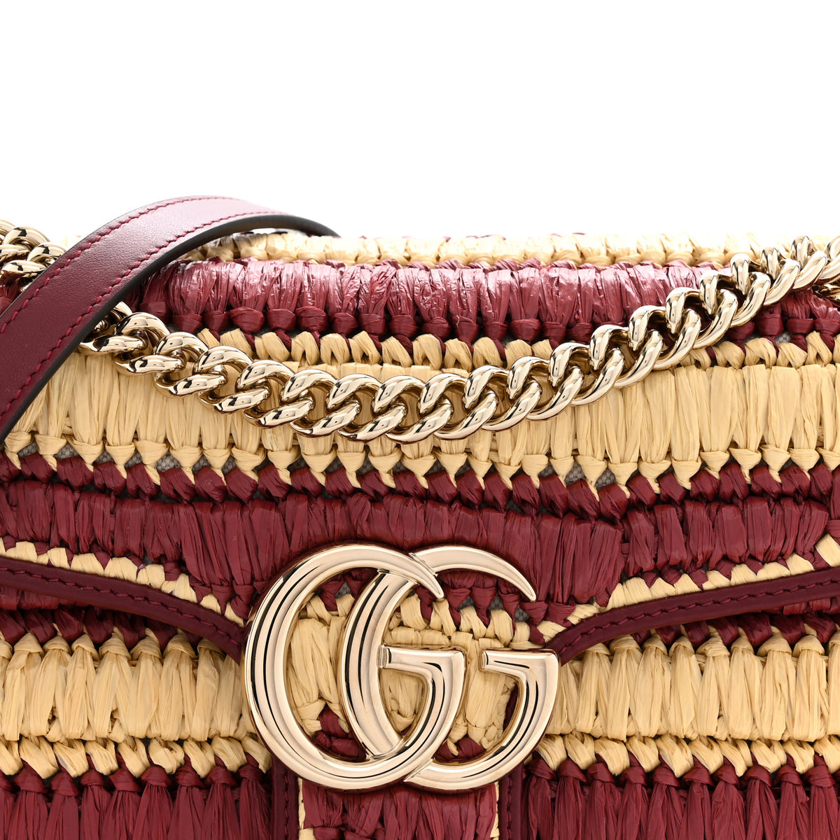 Calfskin Raffia Woven Striped Small GG Marmont Shoulder Bag Natural Burgundy