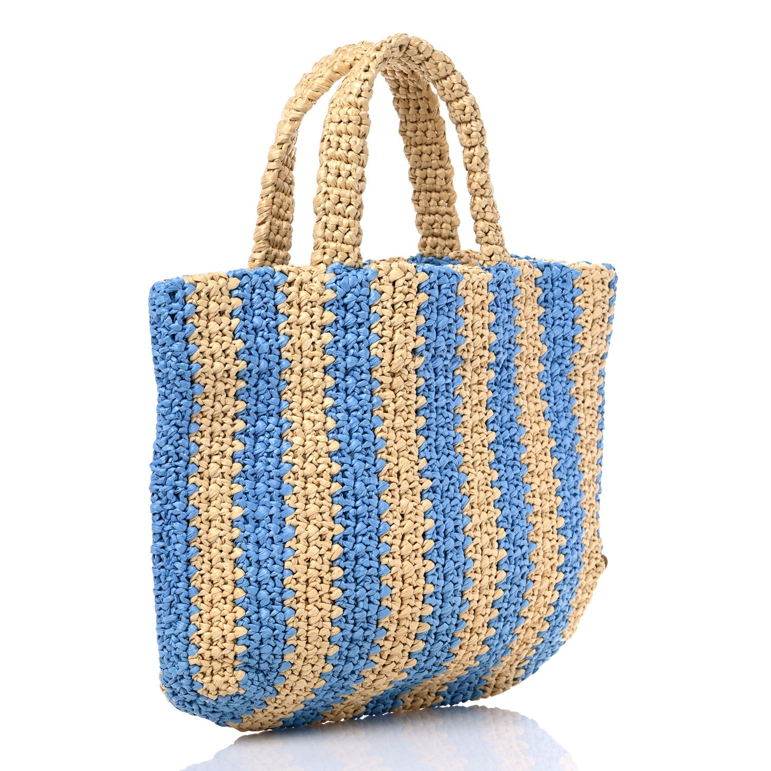 Prada Yarn Raffia Effect Crochet Striped Small Logo Tote Naturale Celeste 3 of 8