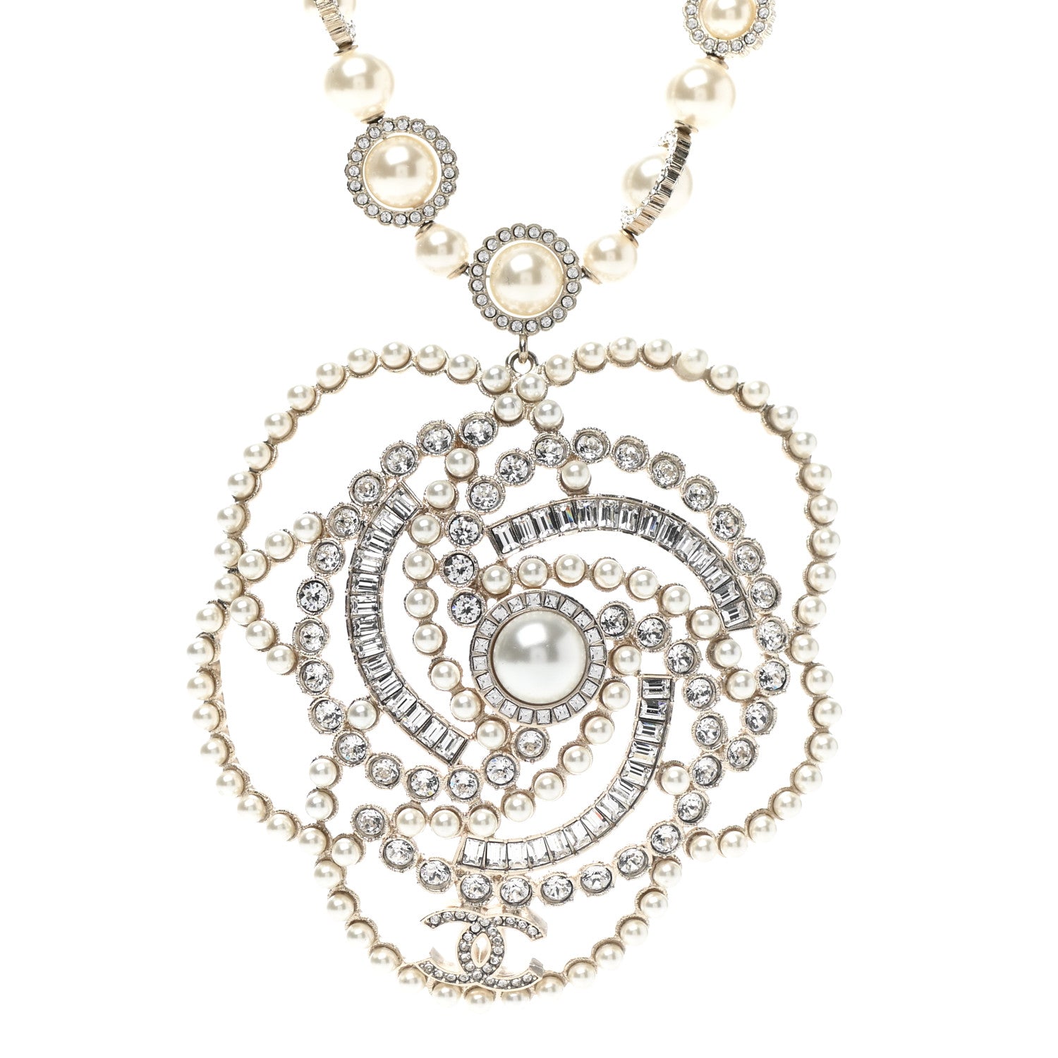 Chanel Pearl Crystal Lace Camellia Necklace Gold 4 of 6