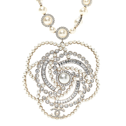Chanel Pearl Crystal Lace Camellia Necklace Gold 4 of 6
