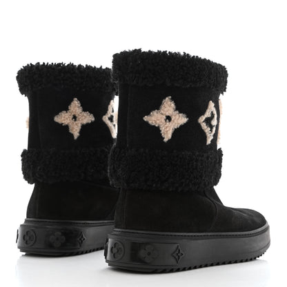 Louis Vuitton Suede Calfskin Shearling Snowdrop Flat Ankle Boot 37.5 Black 4 of 13