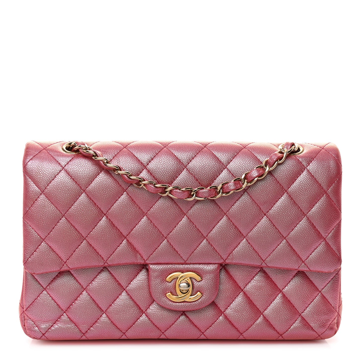 Iridescent Caviar Quilted Medium Double Flap Pink