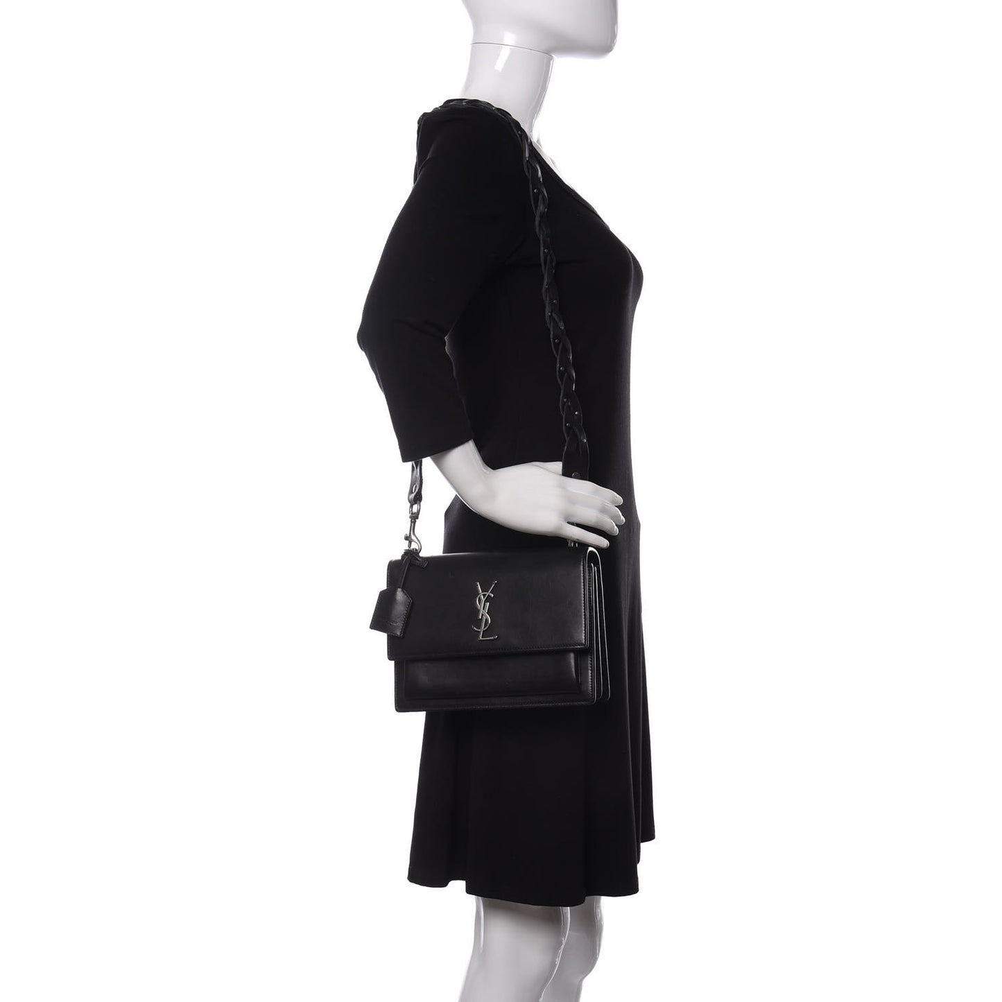 Calfskin Medium Monogram Sunset Shoulder Bag With Braided Strap Black