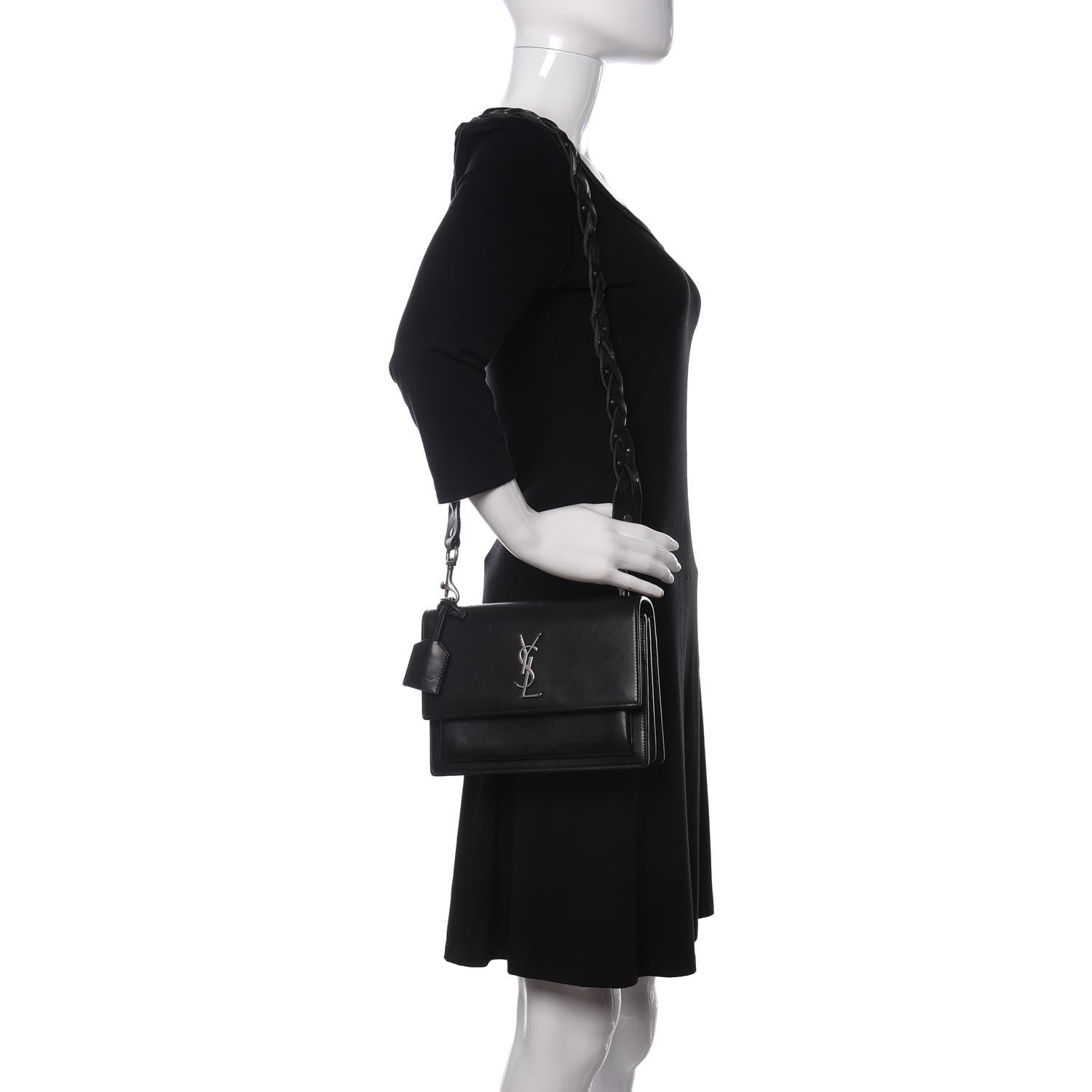 Saint Laurent Calfskin Medium Monogram Sunset Shoulder Bag With Braided Strap Black 2 of 14