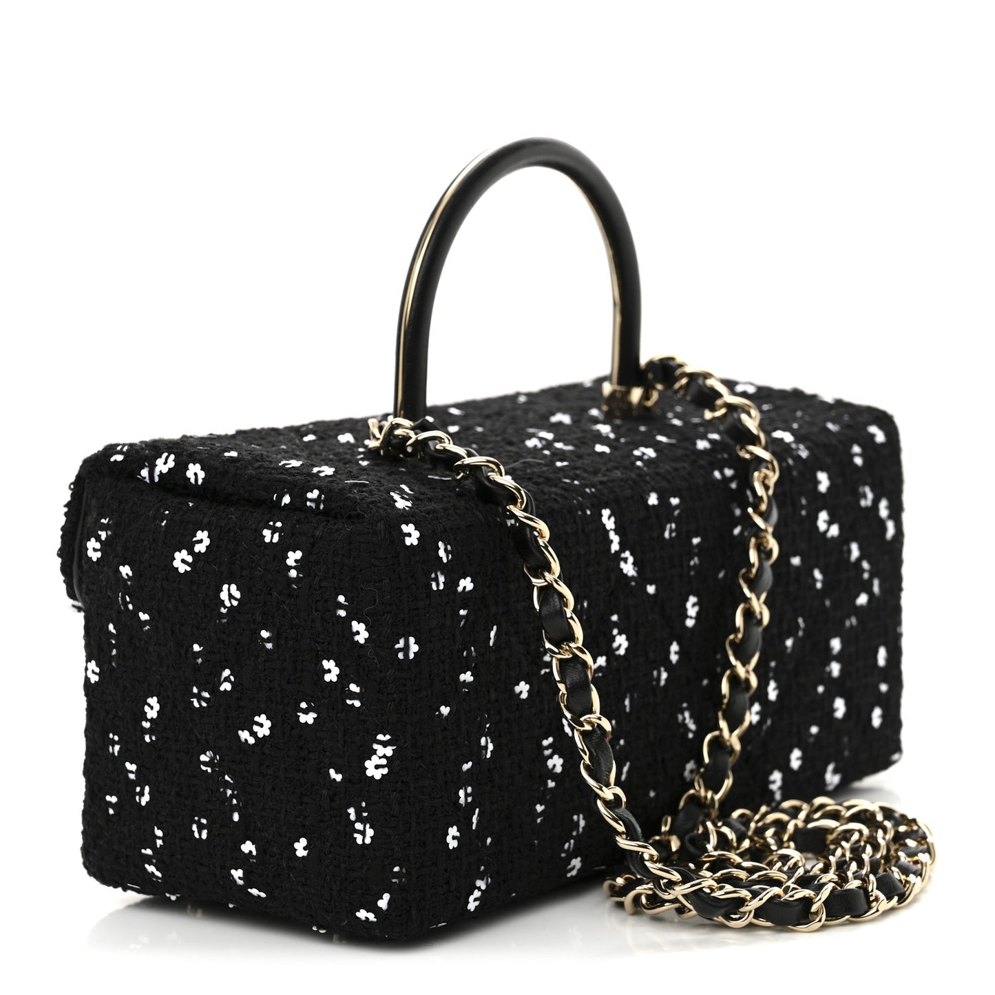 Tweed Sequin Quilted Top Handle Box Bag Black