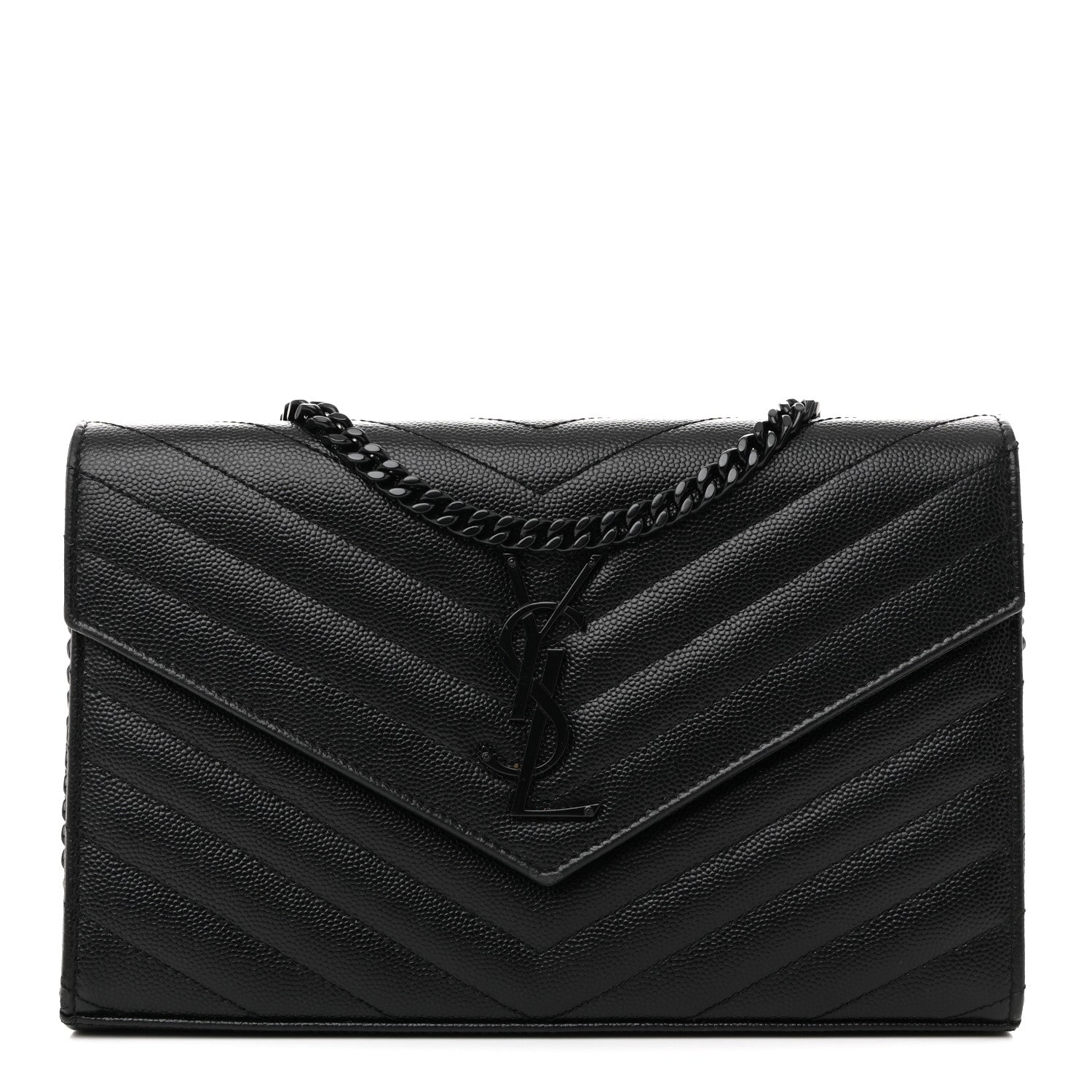 Saint Laurent Grain De Poudre Matelasse Chevron Monogram Monochrome Chain Wallet Black 1 of 12