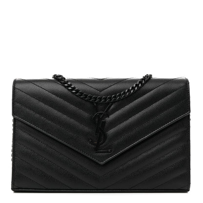 Saint Laurent Grain De Poudre Matelasse Chevron Monogram Monochrome Chain Wallet Black 1 of 12