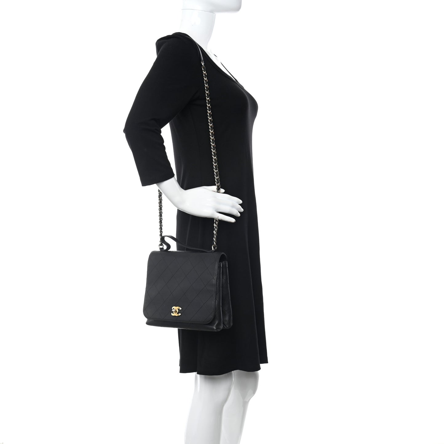 Calfskin Quilted Double Pocket Top Handle Flap Black
