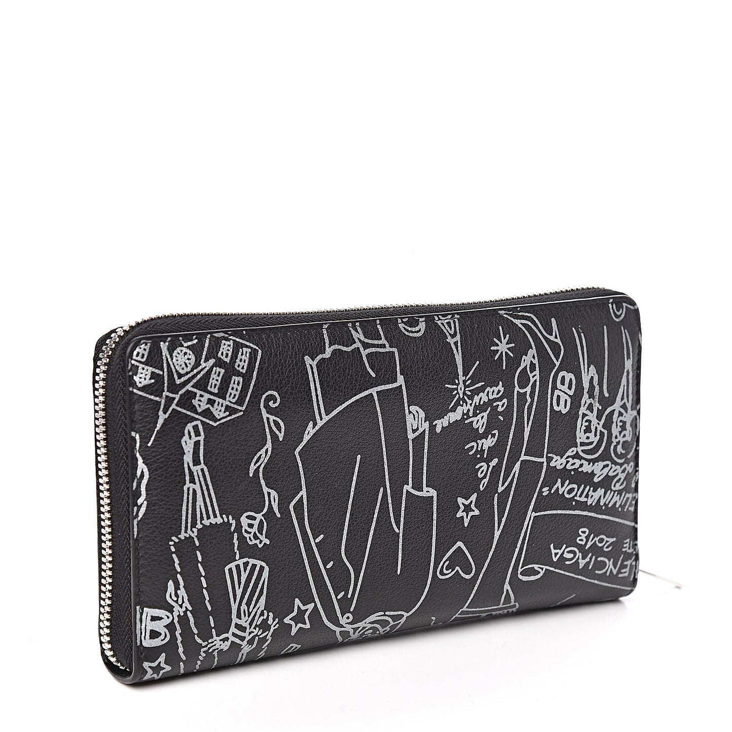 Calfskin Classic Silver Hardware Printed Tattoo Everyday Continental Zip Around Wallet Black
