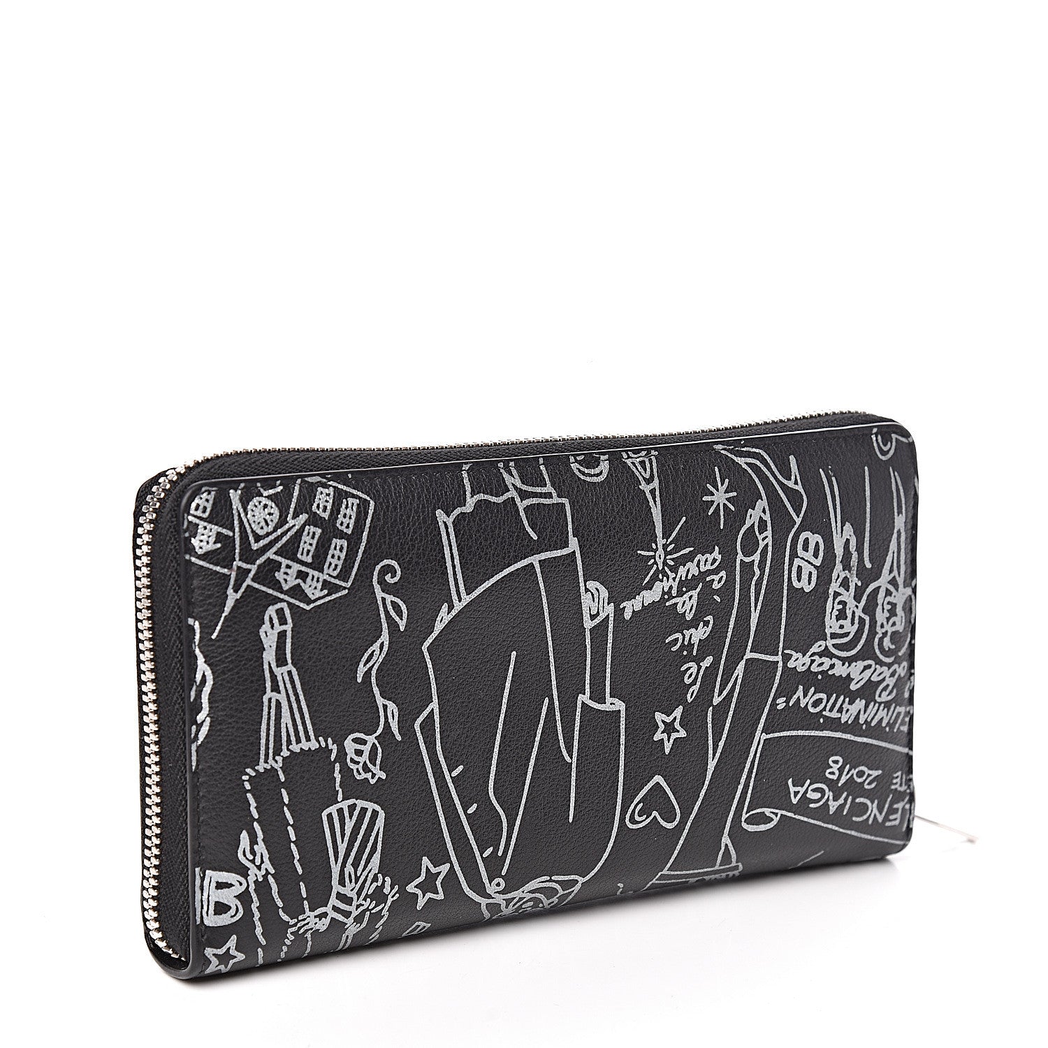Balenciaga Calfskin Classic Silver Hardware Printed Tattoo Everyday Continental Zip Around Wallet Black 3 of 7