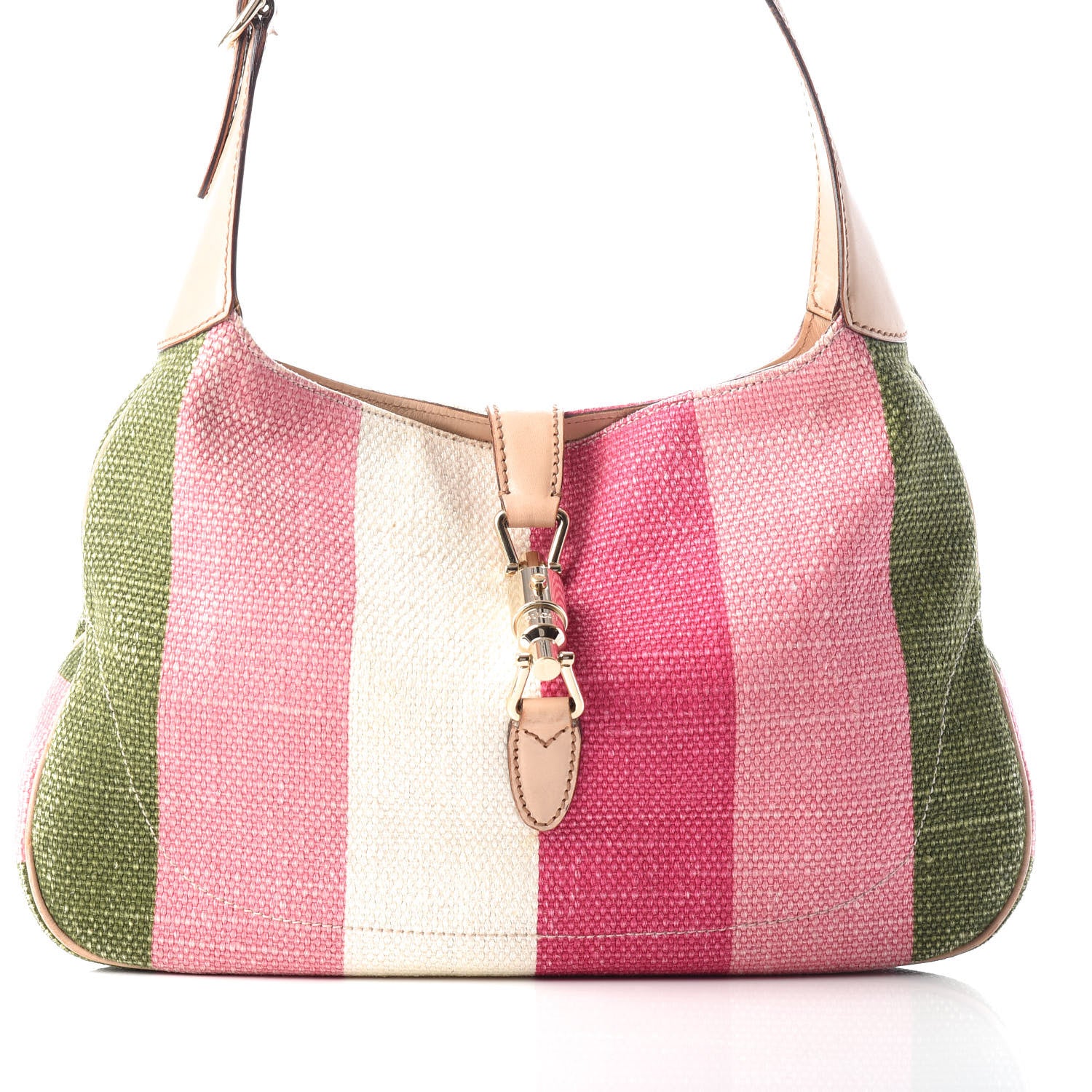 Gucci Canvas Striped Small Jackie O Hobo Green Pink 8 of 10
