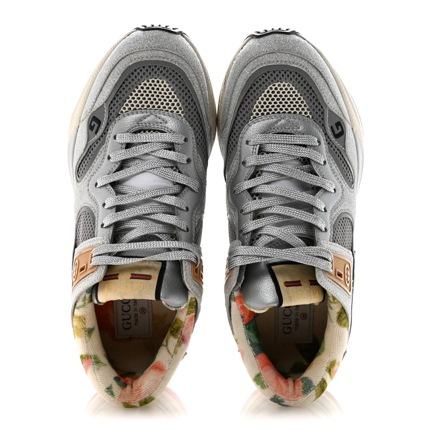 Gucci Metallic Calfskin Glitter Mesh Womens Ultrapace Sneakers 38 Silver Light Grey Mystic White 2 of 9