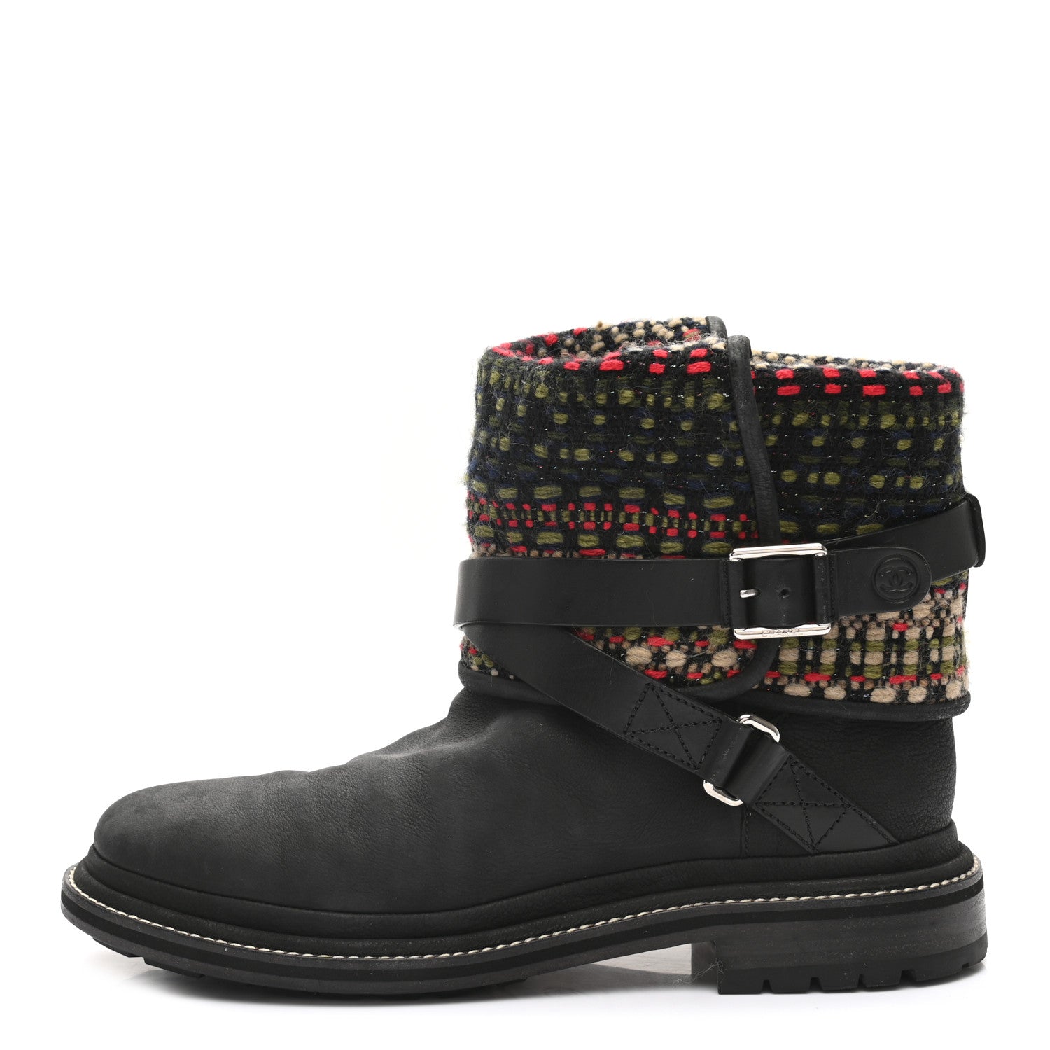 Chanel Tweed Calfskin CC Short Boots 40 Black Green Red 1 of 8
