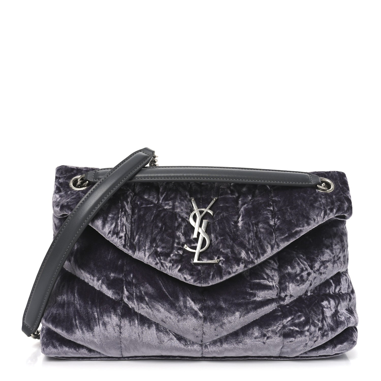 Saint Laurent Crushed Velvet Quilted Small Loulou Puffer Monogram Chain Satchel Iron Grey 1 of 10