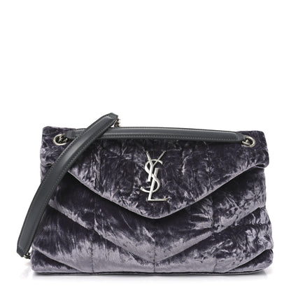 Saint Laurent Crushed Velvet Quilted Small Loulou Puffer Monogram Chain Satchel Iron Grey 1 of 10