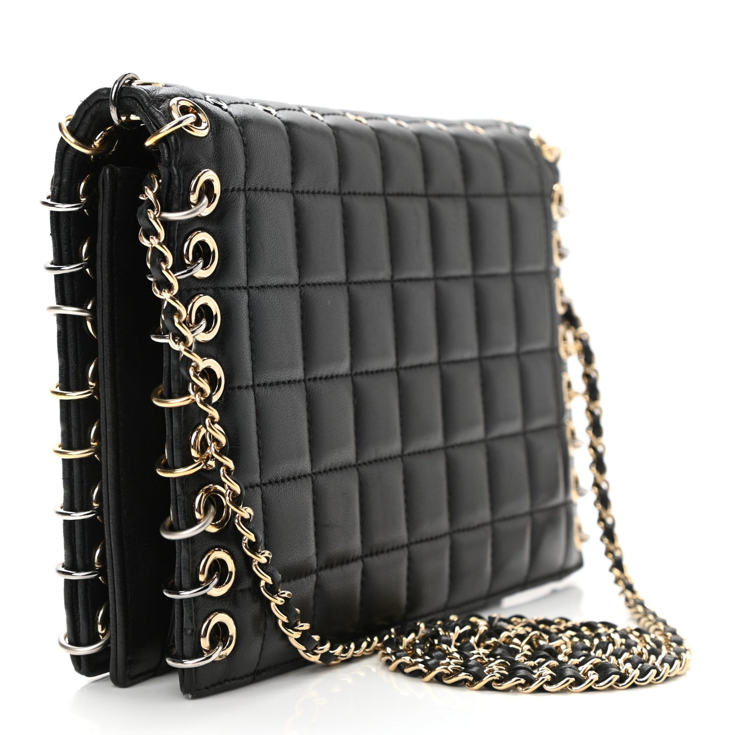 Lambskin Chocolate Bar Piercing CC Studded Small Chain Flap Bag Black