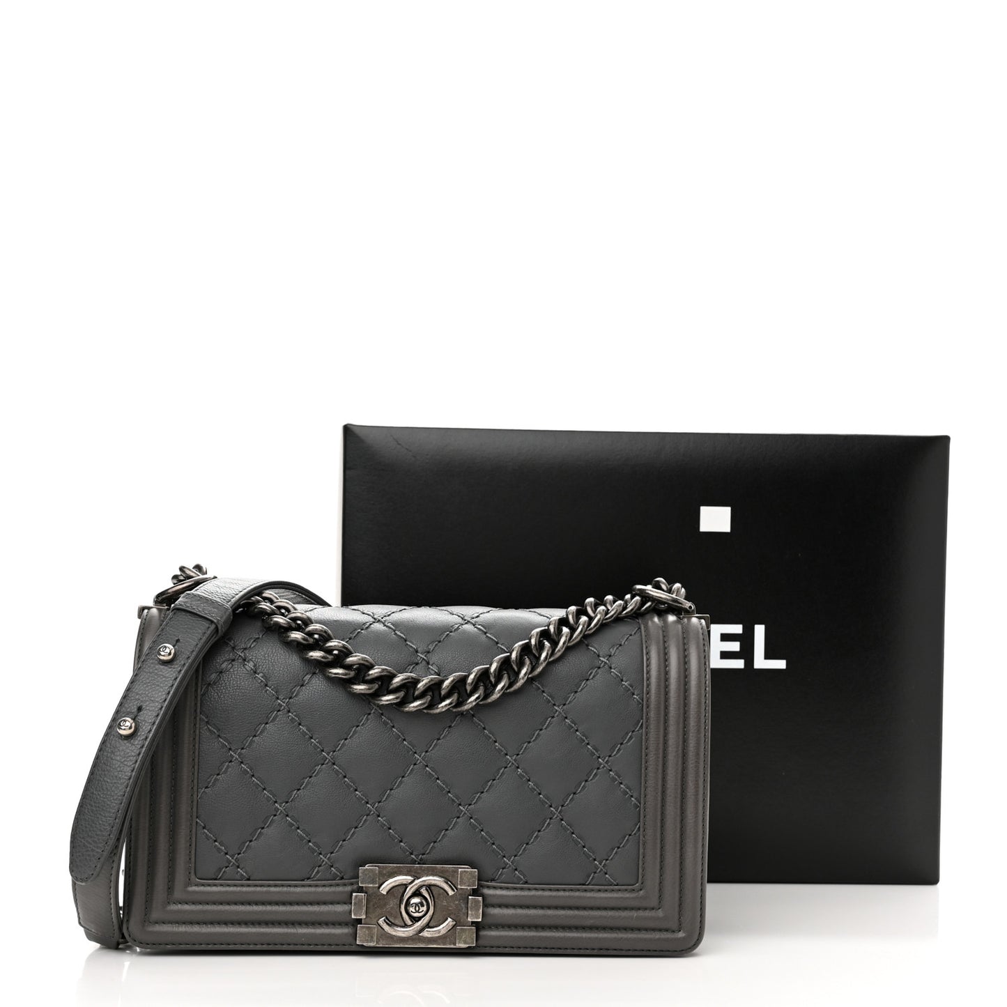 Calfskin Double Stitch Medium Boy Flap Grey