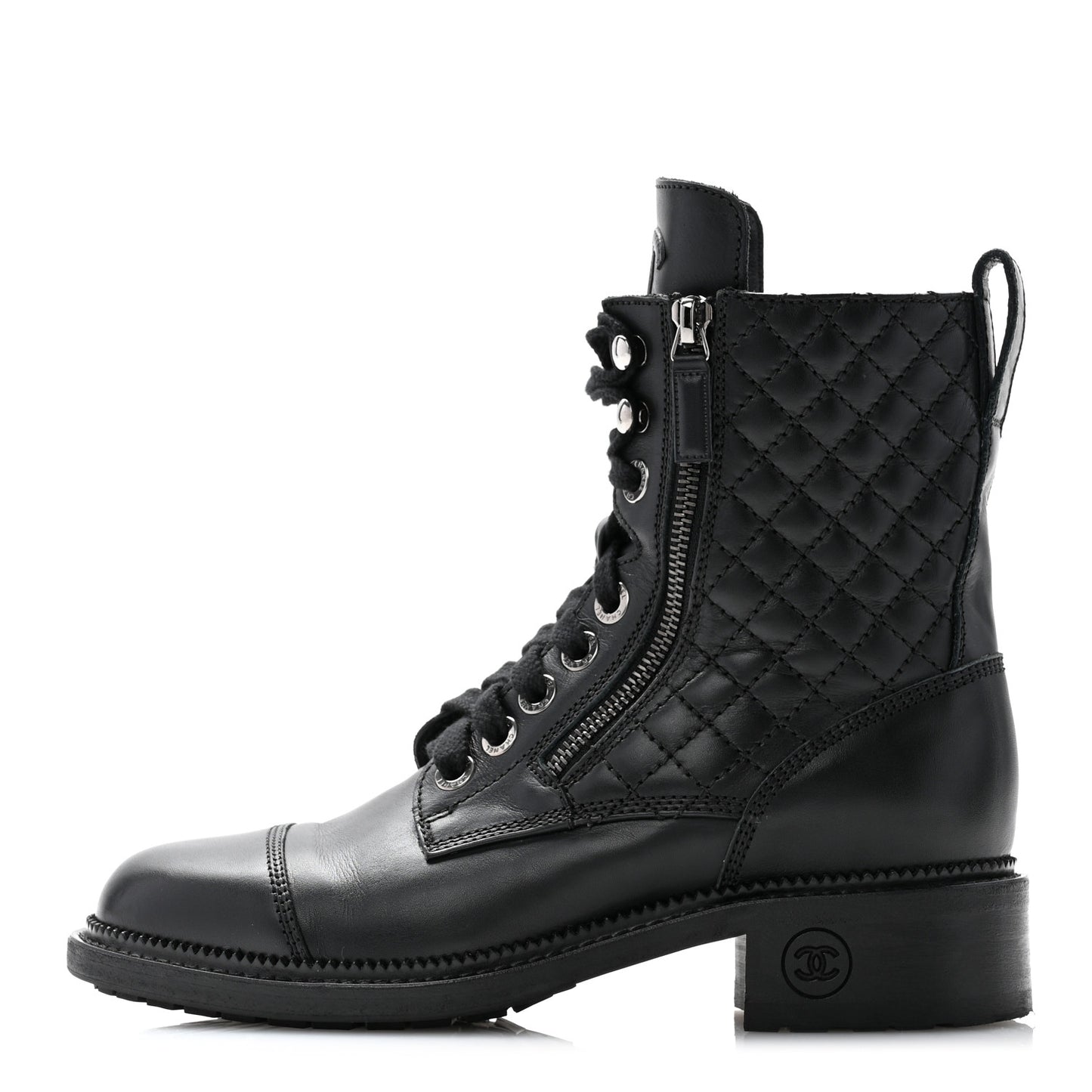 Calfskin Quilted Lace Up Combat Boots 38 Black