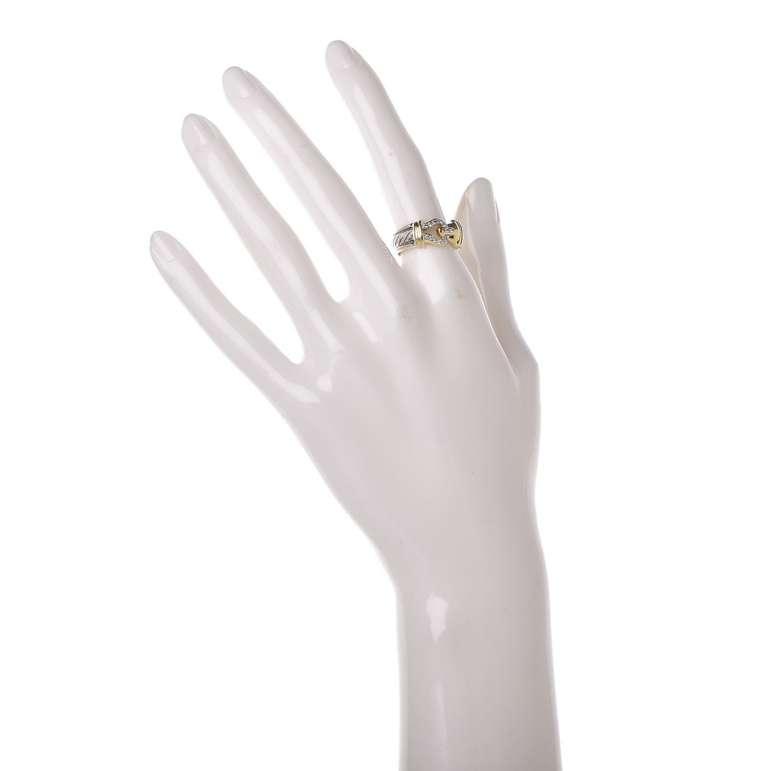 David Yurman Sterling Silver 18K Yellow Gold Diamond Buckle Cable Ring 54 6.75 2 of 6