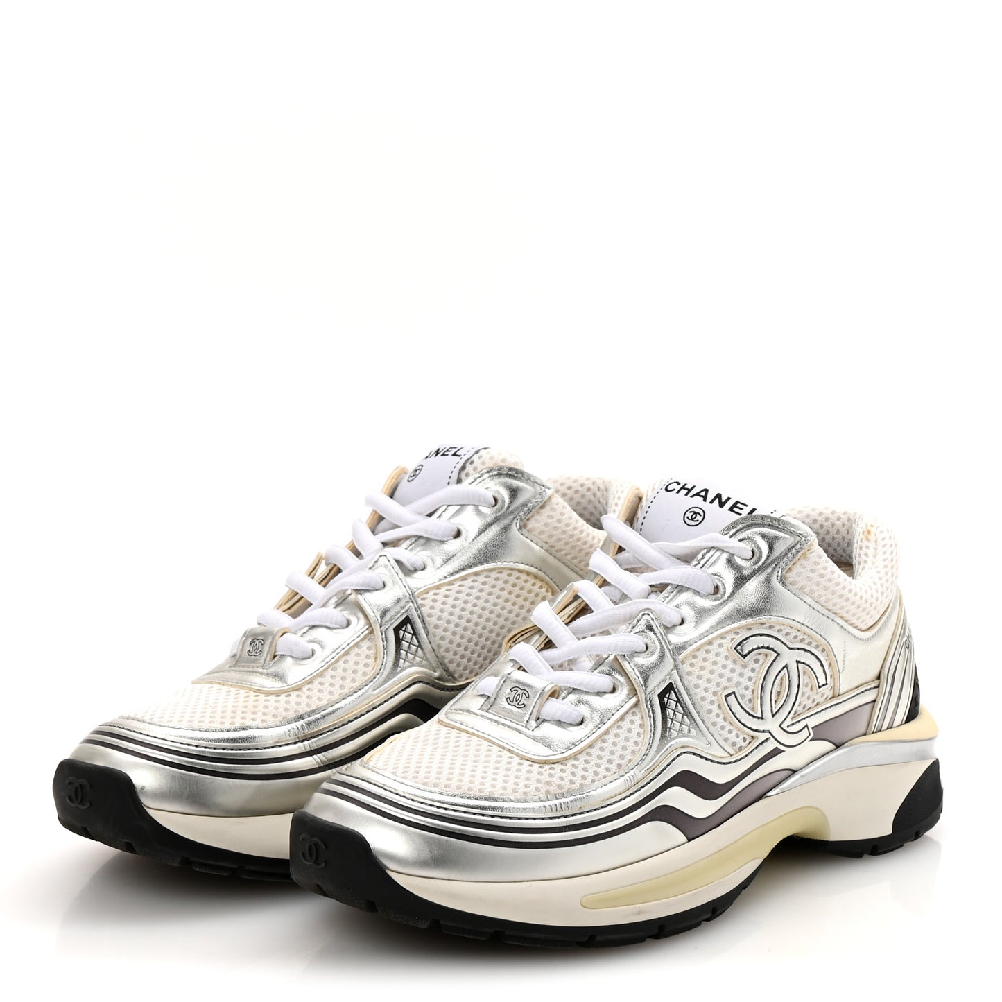 Fabric Laminated Calfskin Stretch CC Sneakers 37 White Silver