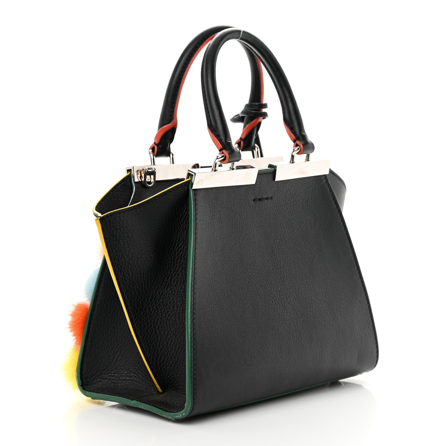 Fendi Vitello Dolce Mink Fur Pom Pom Mini 3jours Tote Black Multicolor 3 of 15