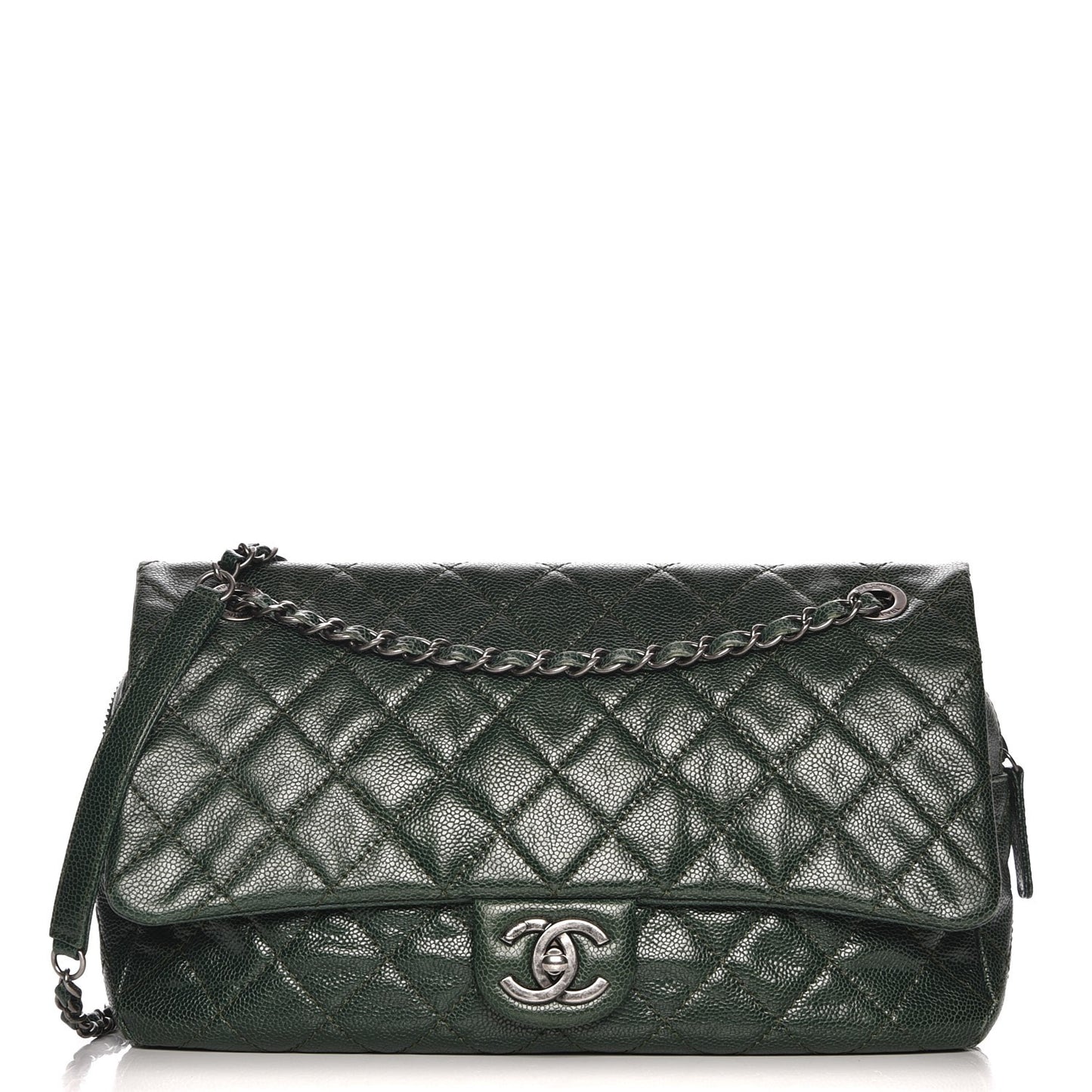 Iridescent Caviar Quilted Large Chic Flap Dark Green