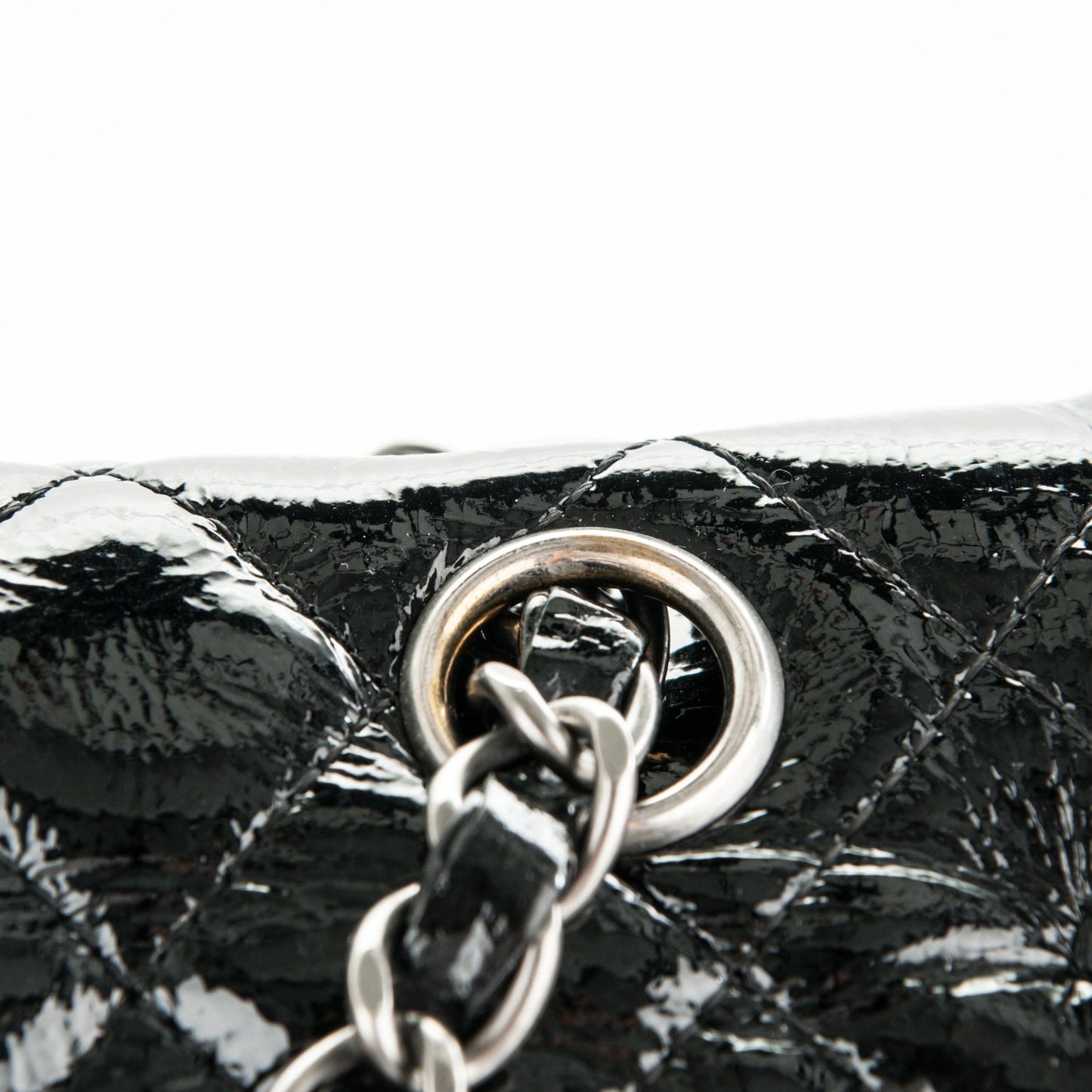 Distressed Patent Quilted Medium Double Flap Black