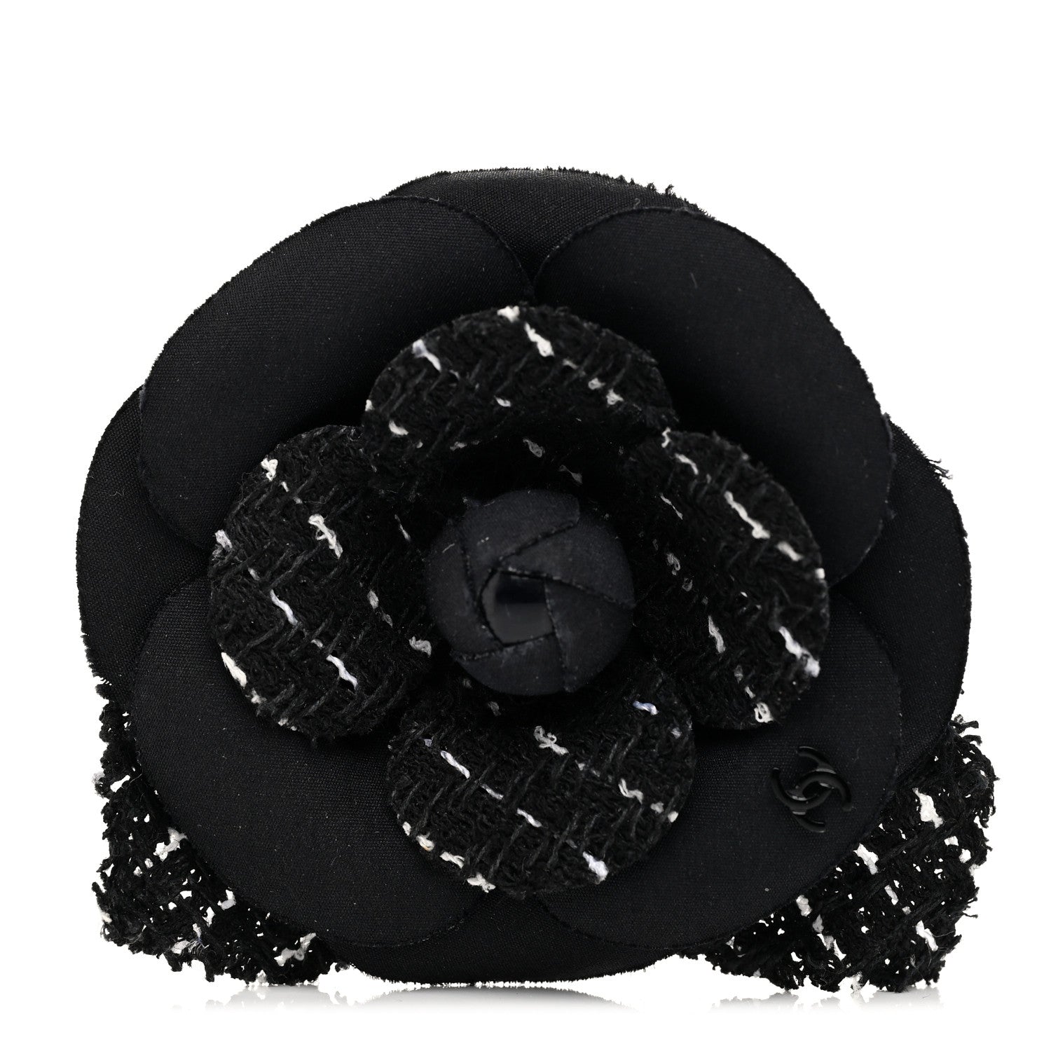 Chanel Tweed Camellia Pin Brooch Black 1 of 3